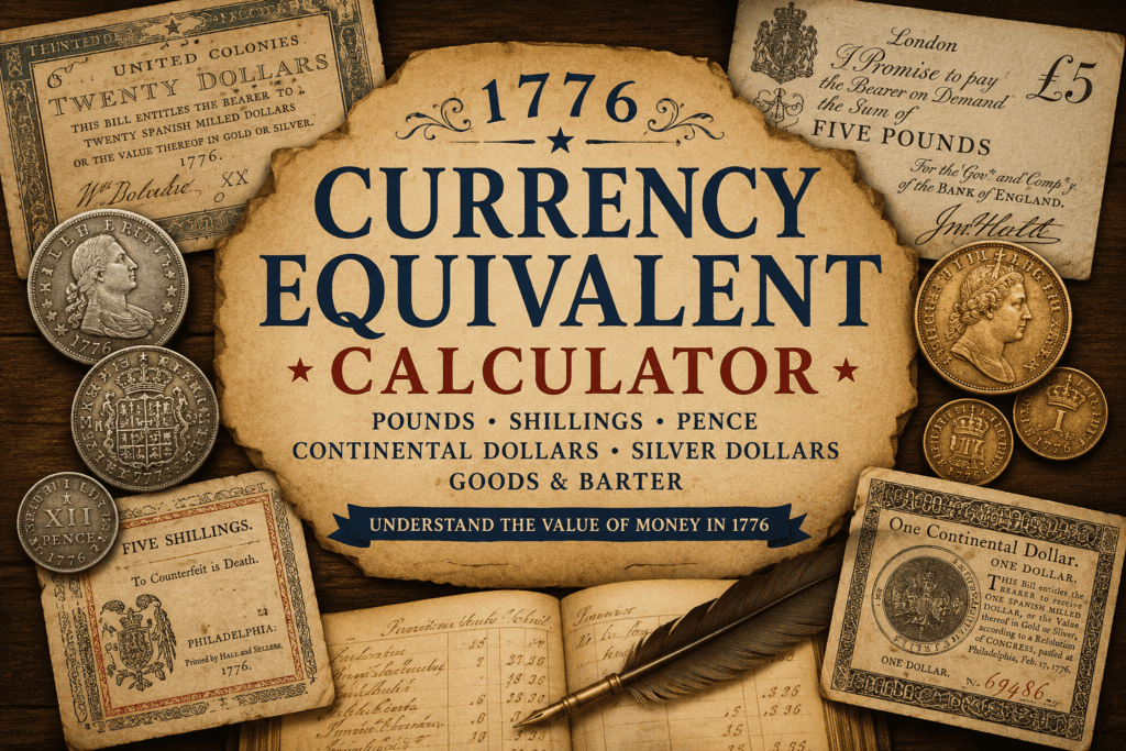 Alt Text:
Vintage-style featured image for the 1776 Currency Equivalent Calculator showing Revolutionary-era currencies including British pound notes, Continental dollars, Spanish silver coins, shillings, and colonial paper money arranged around a handwritten merchant ledger and quill pen on a wooden table. The center title reads “1776 Currency Equivalent Calculator” with references to pounds, shillings, pence, silver dollars, barter goods, and colonial accounting.