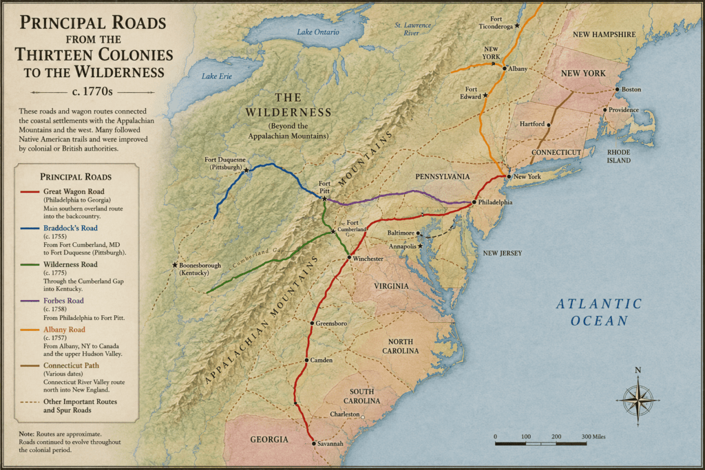 Historical map of the Thirteen Colonies showing the principal frontier roads leading into the American wilderness during the 1770s, including the Great Wagon Road, Braddock’s Road, Forbes Road, and the Wilderness Road crossing the Appalachian Mountains.