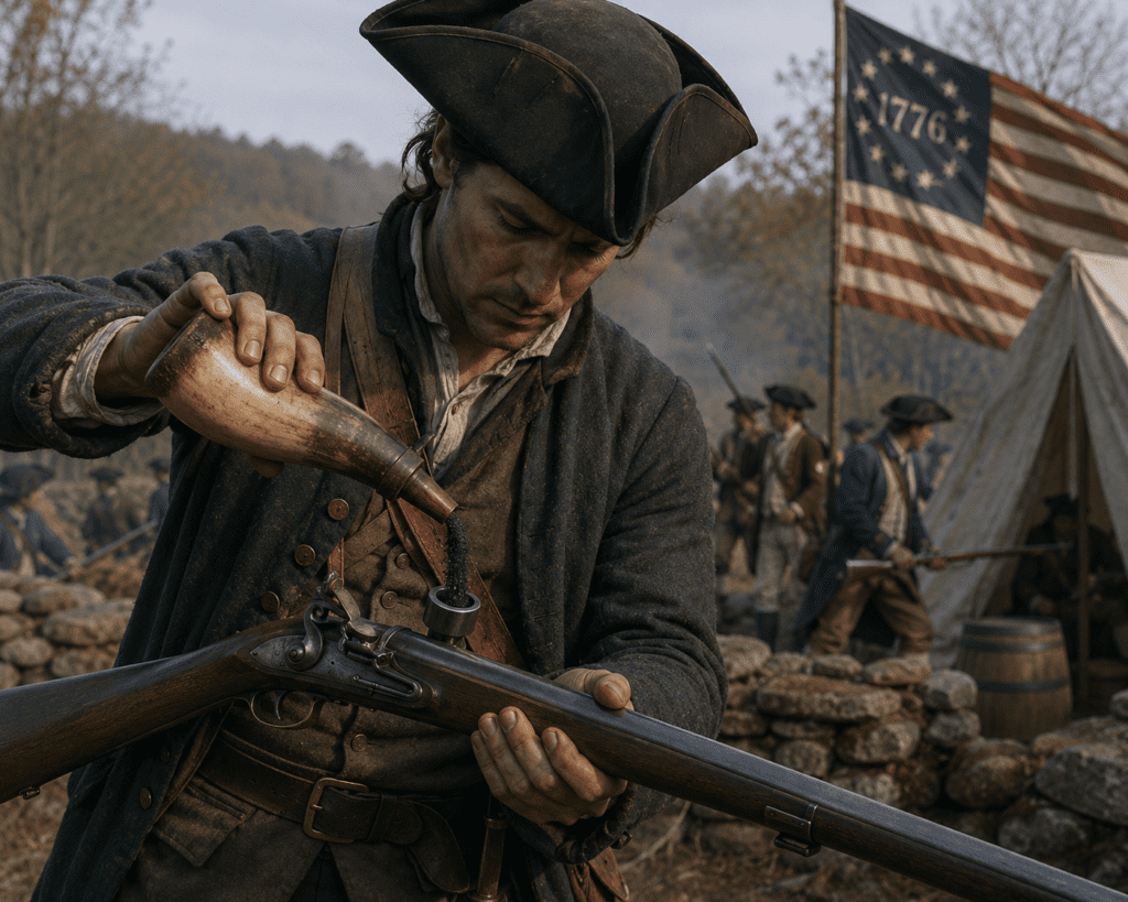 Historical image of a 1776 American colonist carefully loading a flintlock musket with black powder from a powder horn while standing in a Continental Army encampment during the Revolutionary War.