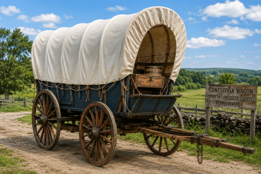 Historic Conestoga wagon with a white canvas cover and large wooden wheels standing on a colonial-era dirt road in Pennsylvania. The wagon represents the freight-hauling vehicle developed by German-American craftsmen that helped transport goods across early America and support westward expansion.
