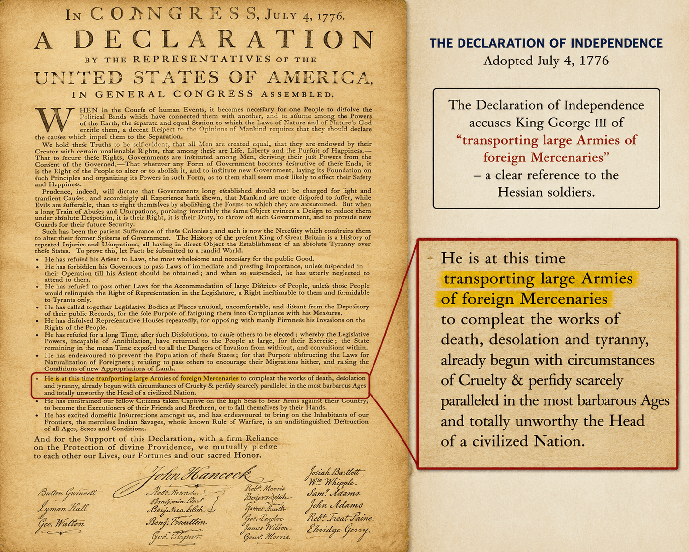 Declaration of Independence image highlighting the passage referring to foreign mercenaries connected to the Hessians in the American Revolution