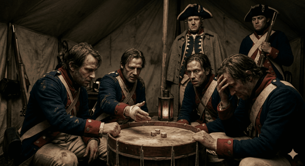 A dramatic, cinematic photograph of Hessian soldiers during the Revolutionary War, gathered anxiously around a field drum inside a canvas military tent. Two soldiers in ornate mitre caps sit, their faces expressions of defeat and despair, watching as three dice are rolled on the drumhead. Their hands are to their heads. A central lantern casts a pool of light on the dice and drum. Behind them stands a stern officer in a green greatcoat and bicorne hat, and a guard, watching the result. The background is a stark, textured canvas tent with stacked muskets. The color palette is muted and historical.