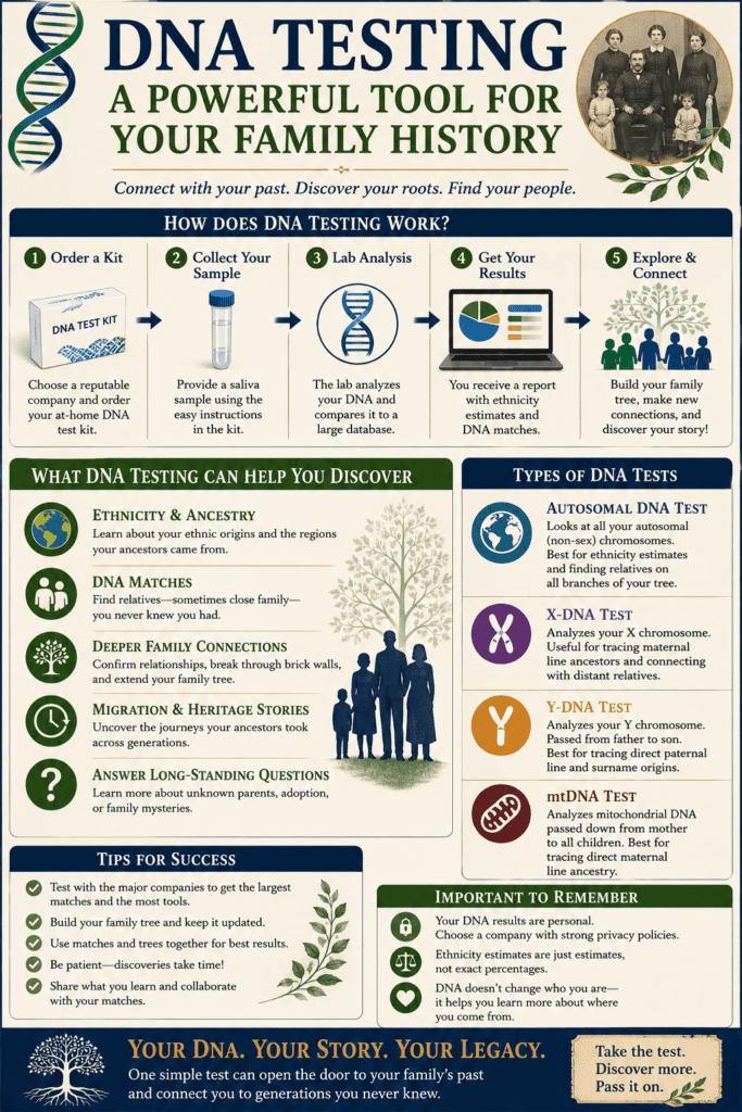 Infographic explaining how DNA testing can help genealogy research, including the process of submitting a DNA sample, receiving ancestry results, finding genetic relatives, and building a family tree. The graphic highlights how DNA testing can assist people researching Hessian descendants, German ancestry, and family connections across multiple generations.