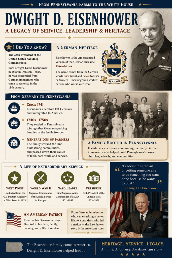 Infographic illustrating the German-American heritage of President Dwight D. Eisenhower, whose family surname was originally Eisenhauer. The graphic traces the family's migration from Germany to Pennsylvania, highlights their roots in German-speaking communities, and follows Eisenhower's journey from a descendant of German immigrants to Supreme Allied Commander in World War II and the 34th President of the United States.