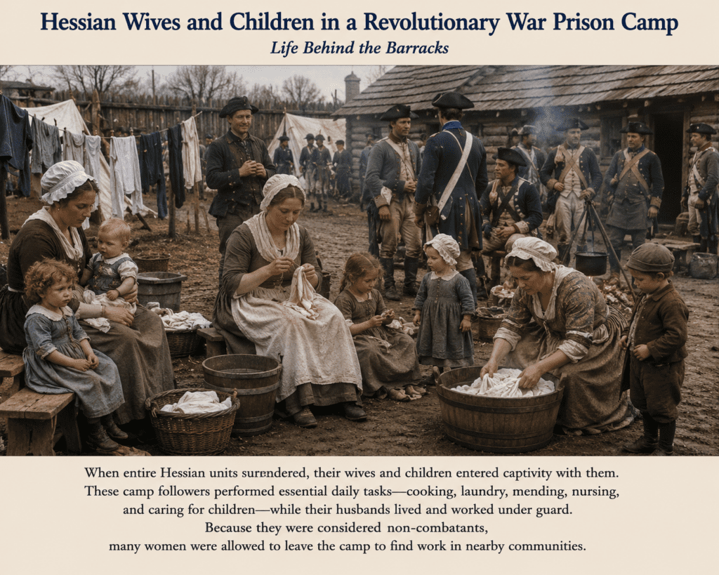Hessian wives and children inside a Revolutionary War prison camp after the surrender of German troops. Women wash clothing, mend garments, prepare meals, and care for young children while Hessian prisoners and American guards stand near log barracks in the background, illustrating the daily life of camp followers during captivity.