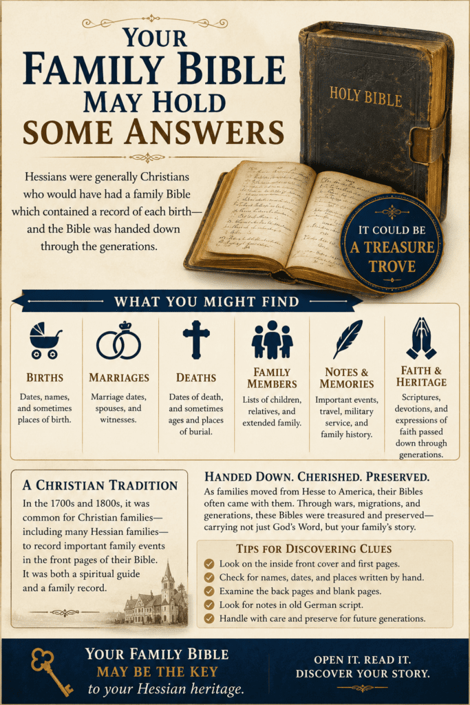 Infographic titled "Your Family Bible May Hold Some Answers" showing a historic family Bible used by generations of Christian families to record births, marriages, deaths, family members, and important life events. The graphic explains how family Bibles can provide valuable clues for genealogy research and tracing Hessian descendants.