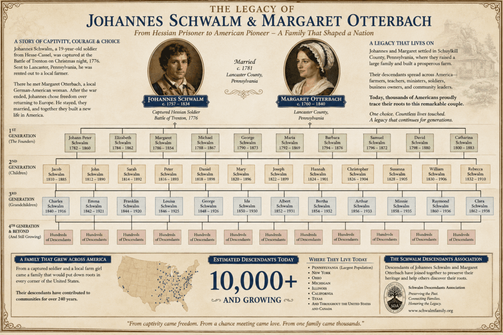 Illustrated family tree showing the descendants of former Hessian prisoner Johannes Schwalm and his wife Margaret Otterbach. The chart traces multiple generations from their marriage in post-Revolutionary Pennsylvania to thousands of descendants spread across the United States, highlighting how one captured German soldier became the ancestor of a large American family.
