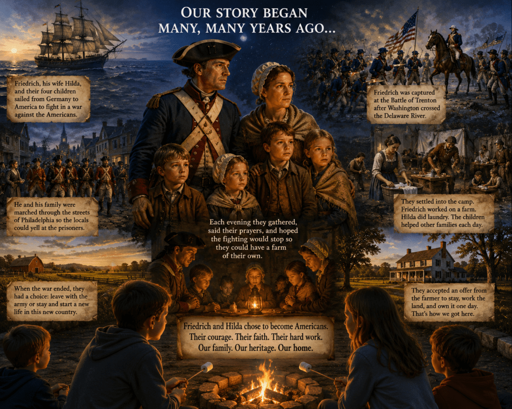 Illustrated historical montage showing the fictional Hessian family of Friedrich and Hilda arriving in America during the Revolutionary War, Friedrich's capture at Trenton, the family's life in a Hessian camp, work on a colonial farm, and their decision to remain in America, culminating with modern descendants gathered around a backyard campfire learning their family story.