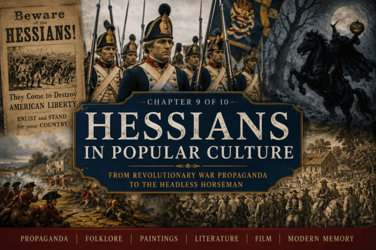 Featured image for Hessians in Popular Culture showing a collage of Revolutionary War Hessian soldiers, an American anti-Hessian propaganda poster, battle scenes, colonial artwork, and the legendary Headless Horseman riding through a dark forest. The image illustrates how Hessians evolved from real German soldiers of the American Revolution into figures of folklore, literature, and American historical memory.