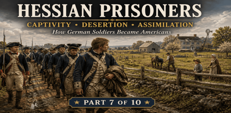 Captured Hessian prisoners march through the American countryside during the Revolutionary War while Continental Army guards escort them past prosperous farms. The image symbolizes the journey from captivity to assimilation, as many German soldiers eventually settled in America and became citizens of the new nation.