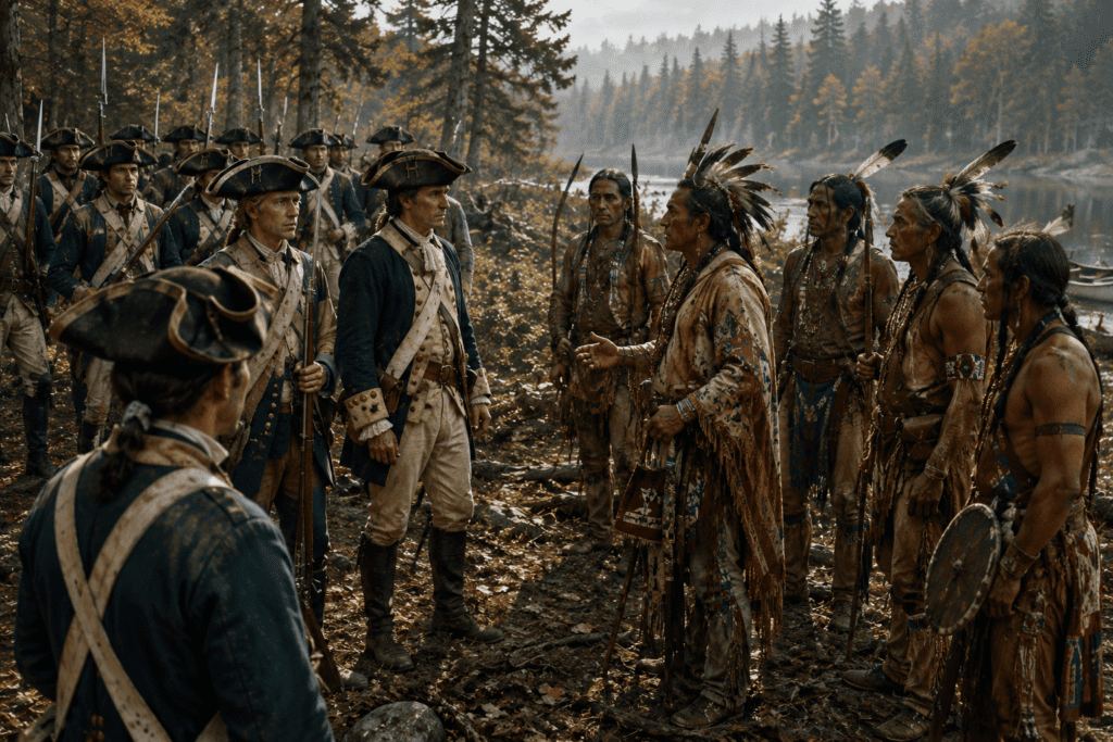 Historical illustration showing Hessian soldiers meeting Native American warriors for the first time during the Revolutionary War in a forest clearing near a river, with both groups cautiously observing one another on the American frontier.