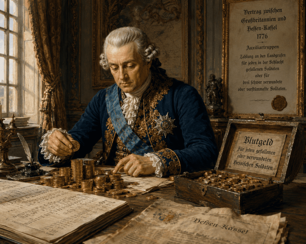 Artistic depiction of Landgrave Friedrich II of Hesse-Kassel seated at an ornate desk reviewing military contracts and counting stacks of gold coins associated with Britain's payment agreements for Hessian troops during the American Revolution. Documents, ledgers, and treaty papers surround him, illustrating the controversial "Blood Money" clauses that compensated Hesse-Kassel for soldiers killed or permanently disabled while serving in North America.
