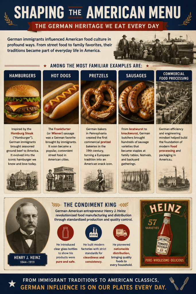 Historical infographic titled "Shaping the American Menu" showing how German immigrants influenced American food culture through hamburgers, hot dogs, pretzels, sausages, and commercial food processing. The infographic includes illustrations of traditional foods, German immigrant entrepreneurs, Henry J. Heinz, and the development of modern food manufacturing in the United States.