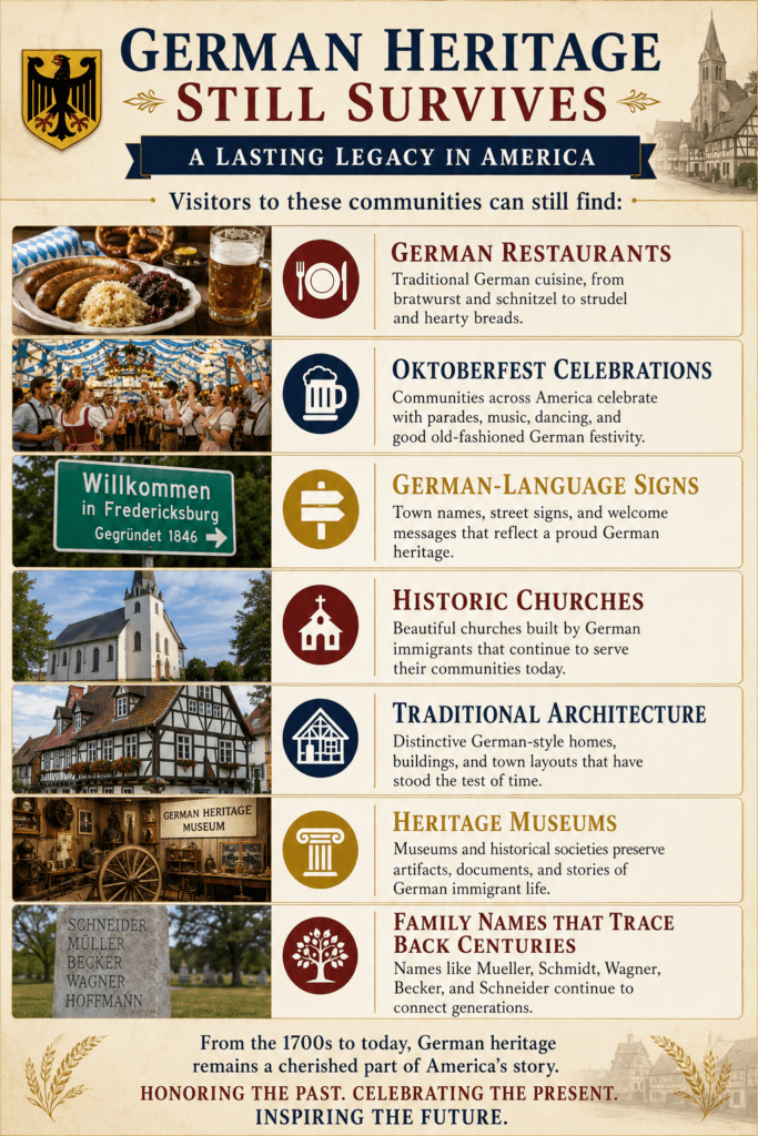 Infographic titled "German Heritage Still Survives" showing how German culture remains visible in American communities today through German restaurants, Oktoberfest celebrations, German-language signs, historic churches, traditional architecture, heritage museums, and family surnames that trace back to early German immigrants and Hessian descendants.
