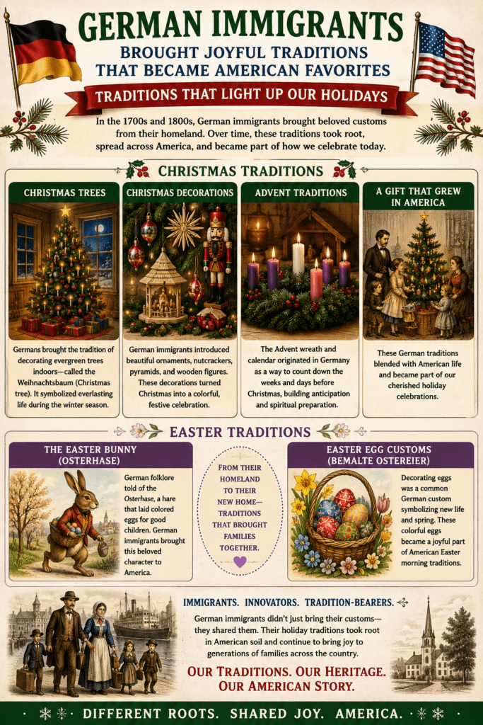 Historical infographic illustrating German immigrant influences on American holiday traditions, including Christmas trees, Christmas decorations, Advent wreaths, the Easter Bunny, and Easter egg customs. The infographic features festive Christmas scenes, decorated evergreen trees, Advent candles, Easter eggs, and illustrations of German immigrant families bringing these traditions to America.