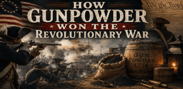 Dramatic Revolutionary War featured image showing Continental Army soldiers firing muskets beside barrels of gunpowder during battle, illustrating how gunpowder and black powder supplies helped America win independence in 1776.