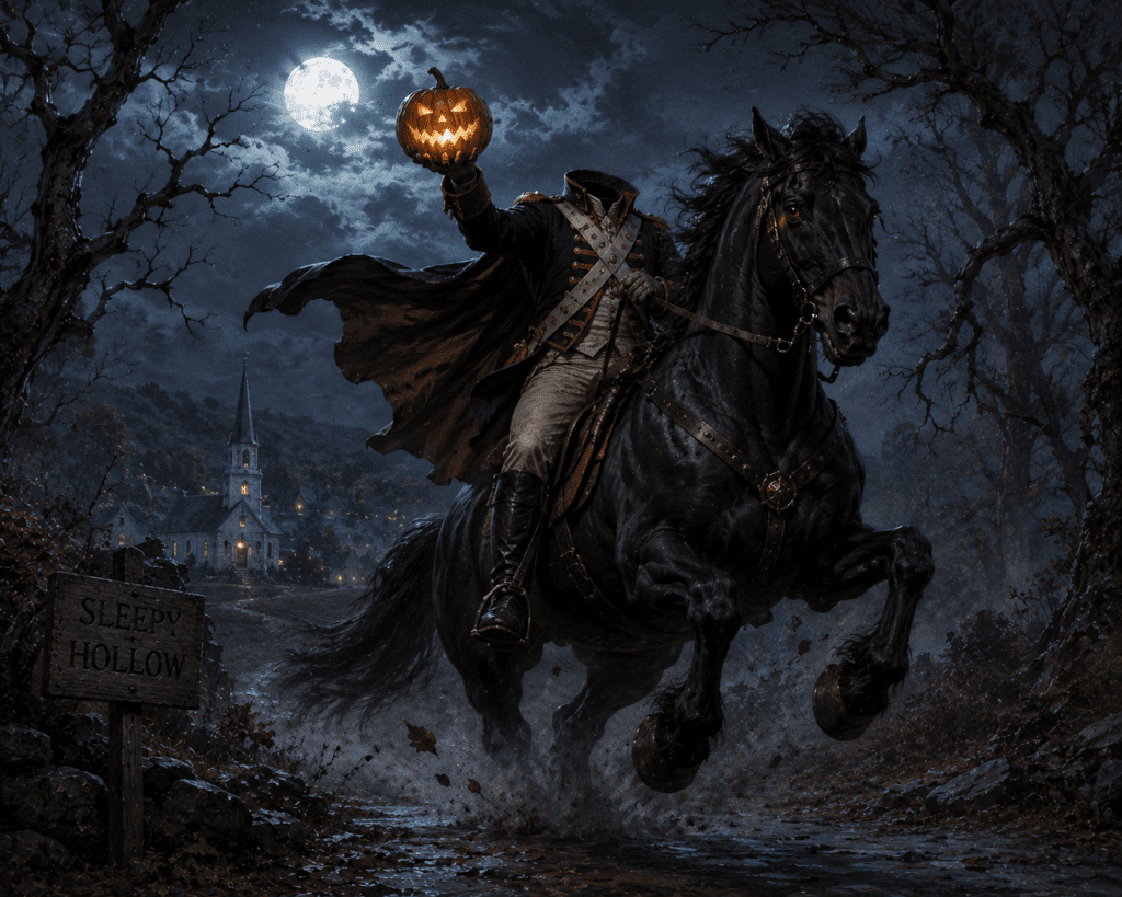 Artistic depiction of the Headless Horseman from The Legend of Sleepy Hollow riding a black horse through a moonlit forest. The ghostly rider wears the uniform of a Hessian cavalry soldier from the American Revolution and carries a glowing jack-o'-lantern while galloping past a sign for Sleepy Hollow and a distant church.