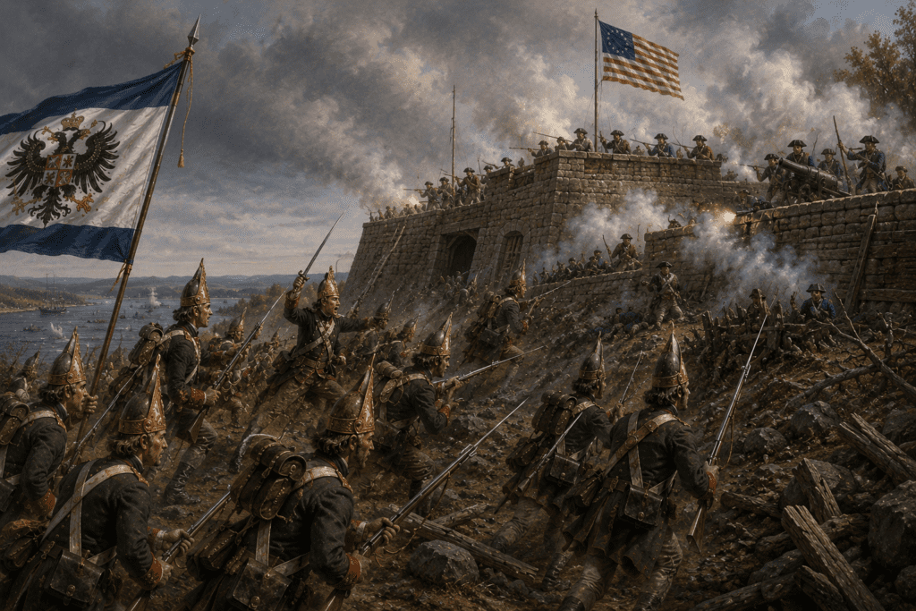 Dramatic historical painting of Hessian soldiers wearing traditional brass-fronted miter hats storming Fort Washington in northern Manhattan during the American Revolution while Continental Army defenders fire from the walls beneath an American flag.