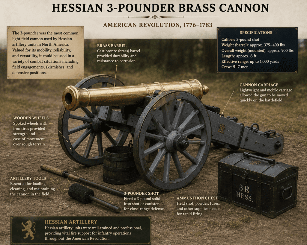 Museum-style historical illustration of a Hessian 3-pounder brass cannon from the American Revolution showing the bronze cannon barrel mounted on a wooden field carriage with artillery tools, ammunition chest, wheels, and labeled specifications explaining Hessian artillery equipment and battlefield use.