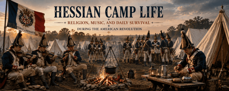 Hessian soldiers wearing traditional mitre hats gathered around a campfire in a Revolutionary War military camp while cooking food, playing music, praying, and performing daily camp duties during the American Revolution.