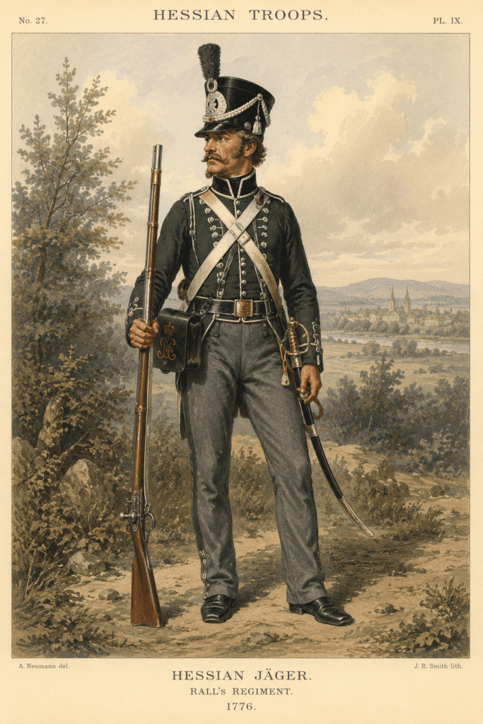 Nineteenth-century military plate illustration depicting a Hessian Jäger of the American Revolution standing in full field uniform. The soldier wears a dark green coat, carries a rifle designed for accurate woodland fighting, and is equipped with a traditional hunting sword. The artwork is presented in the style of a historical military uniform study popular among nineteenth-century artists and historians.