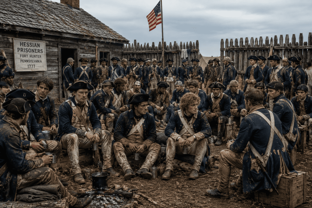 A large group of Hessian prisoners gathers inside a Revolutionary War prison camp. The German soldiers, wearing worn blue uniforms, sit and stand within a wooden stockade while discussing their uncertain future after capture by American forces.