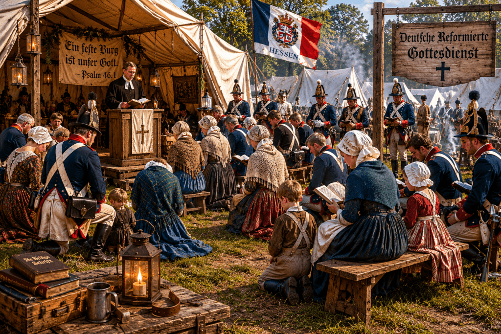 Hessian soldiers wearing traditional mitre hats attend a German Reformed church service with women and children inside a Revolutionary War military camp during the American Revolution.