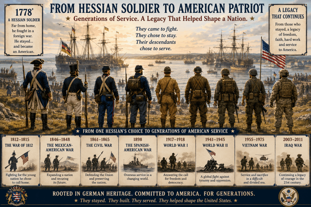 Historical infographic showing a Hessian soldier who remained in America after the Revolutionary War standing alongside descendants serving in American military uniforms from the War of 1812, Mexican-American War, Civil War, Spanish-American War, World War I, World War II, Vietnam War, and Iraq War, while Hessian troops arrive from ships in the background.