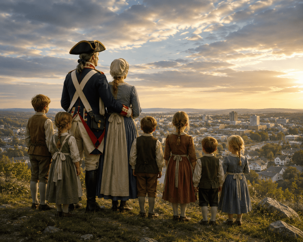 Illustration of a Hessian soldier standing with his wife and six children on a hill overlooking a modern American town at sunset. The family gazes toward the future, symbolizing the generations of descendants created by Hessian soldiers who remained in America after the Revolutionary War.