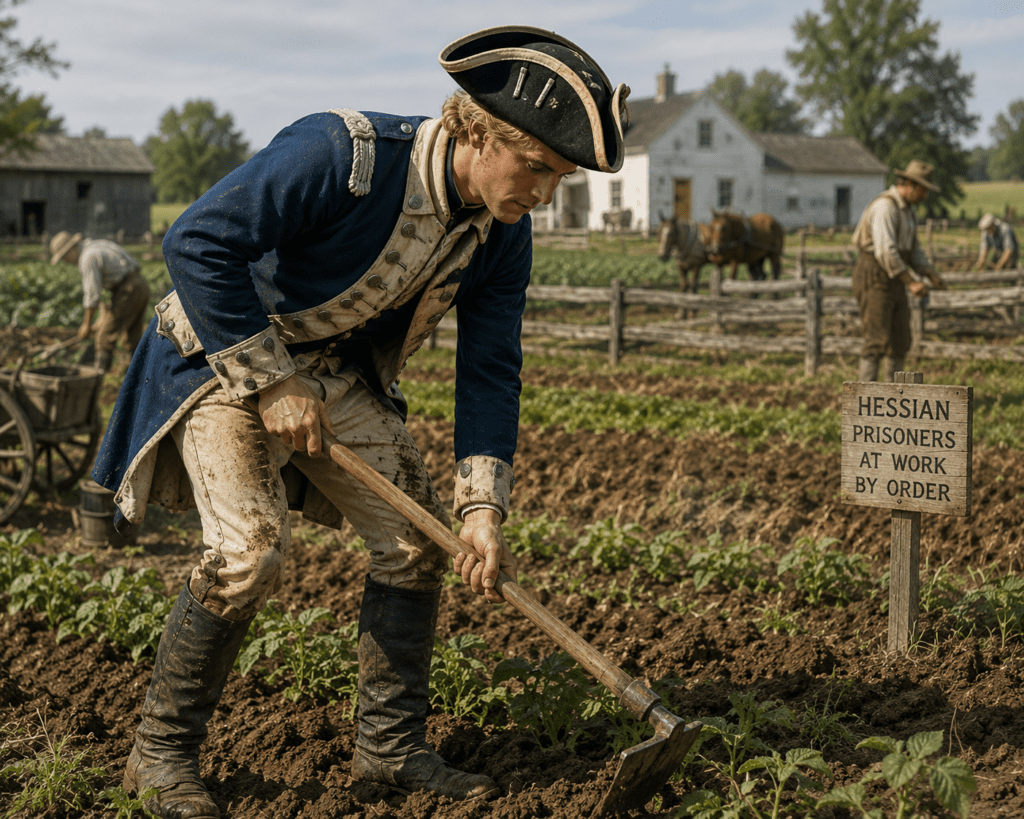 Historical illustration of a Hessian prisoner of war working on an American farm during the Revolutionary War. The German soldier, still wearing a blue Hessian military uniform, uses a farming hoe in a cultivated field while colonial farms and workers appear in the background, representing the labor system that helped many Hessians integrate into American society.

