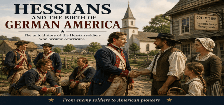 Historical feature image showing Hessian soldiers peacefully interacting with German-American settlers in a Pennsylvania village after the Revolutionary War. Former Hessian troops in blue uniforms shake hands with colonial families near a church and frontier homes, symbolizing Hessians and the Birth of German America. Caption: