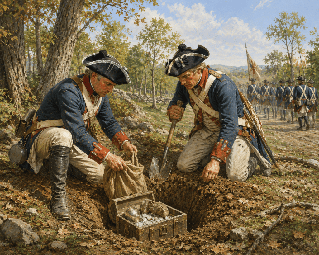 Artistic depiction of two Hessian soldiers burying a chest filled with gold and silver coins in a wooded clearing during the American Revolution. In the background, a column of Hessian troops marches away along a forest road, illustrating the enduring legend that retreating German soldiers concealed military payrolls and treasure before leaving the area.