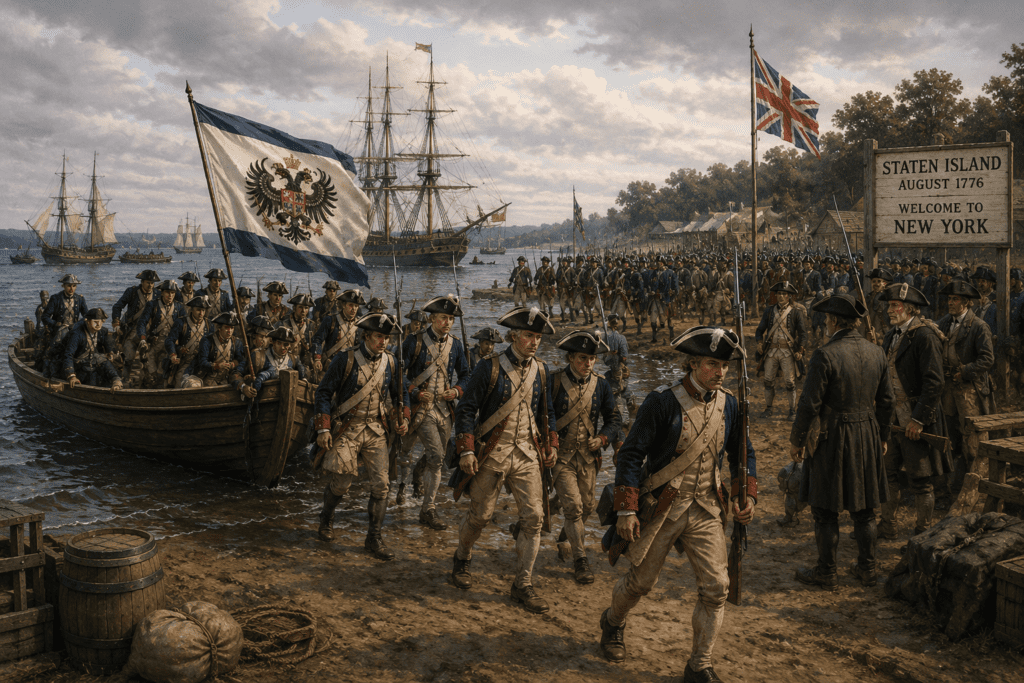 Historical illustration of Hessian soldiers landing on Staten Island in August 1776 during the American Revolution, showing German troops disembarking from boats near British warships while marching inland under military flags as civilians and officers observe the massive British invasion force gathering near New York City.