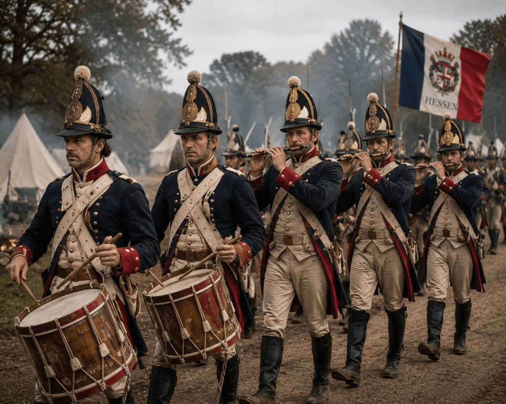 Hessian soldiers wearing traditional mitre hats march in formation while playing military drums and fifes during the American Revolution, with tents and campfires visible behind them.