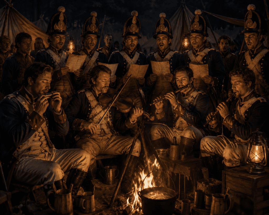 Hessian soldiers wearing mitre hats gather around a campfire at night singing in chorus while playing a fiddle, flutes, and mouth harps inside a Revolutionary War military camp.