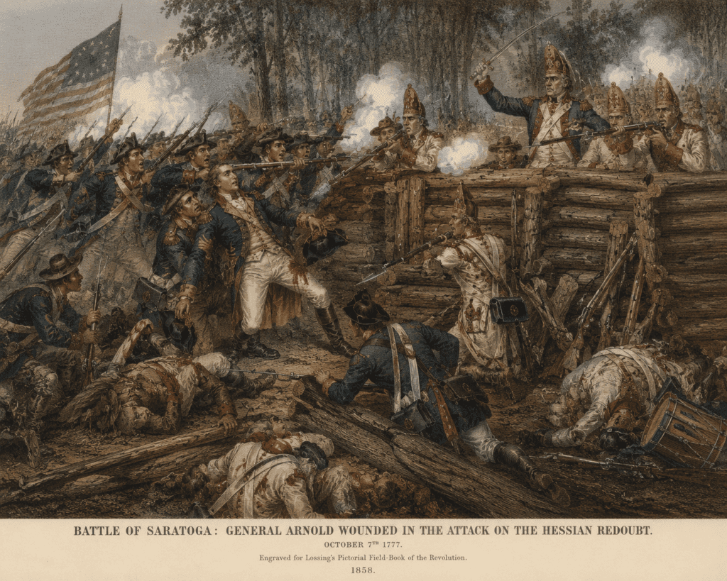Nineteenth-century engraving depicting General Benedict Arnold leading the American assault on the Hessian redoubt at the Battle of Bemis Heights during the Saratoga campaign on October 7, 1777. Wounded during the attack, Arnold is shown amid fierce hand-to-hand fighting as Continental soldiers storm a timber fortification defended by Hessian troops under Colonel Heinrich von Breymann. Muskets fire at close range while Hessian infantry resist with bayonets from behind the log breastworks.