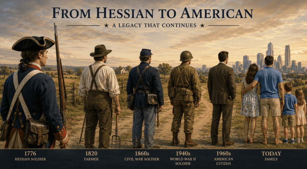 Historical timeline illustration showing the descendants of a Hessian soldier across generations from 1776 to the modern era. The image begins with a Hessian soldier in Revolutionary War uniform and progresses through an early American farmer, a Civil War soldier, a World War II serviceman, a 1960s businessman, and a modern American family with children, symbolizing the lasting legacy of Hessians and the Birth of German America.
Caption:
