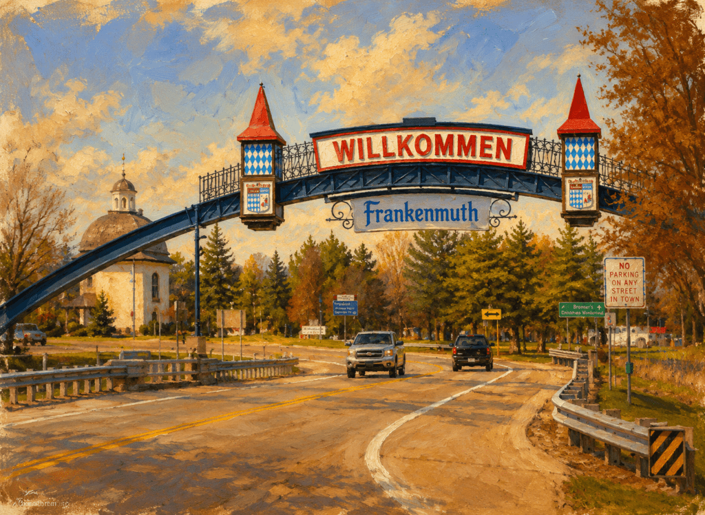Artistic painting of the Willkommen arch at the entrance to Frankenmuth, Michigan, a German-American community founded by nineteenth-century German settlers. The image highlights the town's Bavarian-inspired architecture, German-language welcome sign, and cultural heritage that continues to reflect the traditions preserved by German immigrants and descendants of the Hessian era.