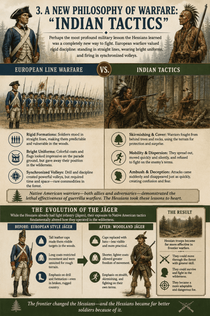 Historical infographic comparing traditional European line warfare with Native American frontier tactics during the Revolutionary War, showing how Hessian Jägers adapted from rigid battlefield formations to stealthy woodland combat and guerrilla-style fighting.
