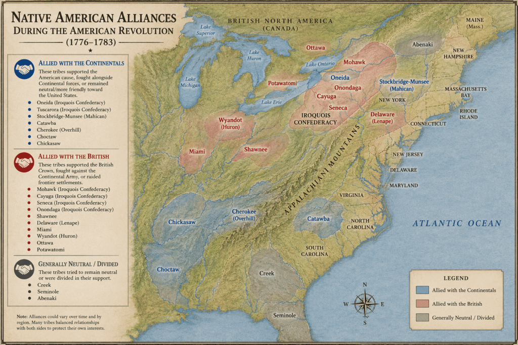 Historical map infographic showing Native American tribes aligned with either the British or the Continental forces during the American Revolution, including the Iroquois Confederacy, Cherokee, Shawnee, Creek, and other tribes across eastern North America.
