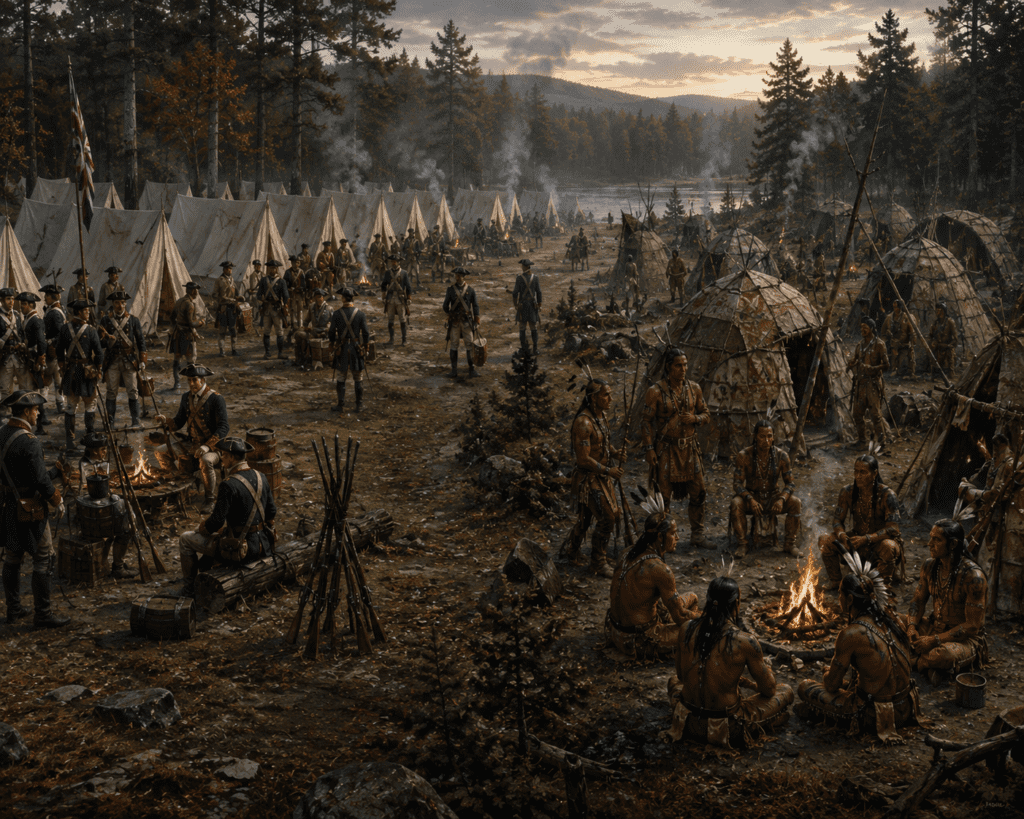 Historical illustration showing a Hessian military camp beside a Native American camp during the Revolutionary War frontier campaigns, with orderly rows of Hessian tents and soldiers on one side and Native American bark shelters and campfires in nearby woods.