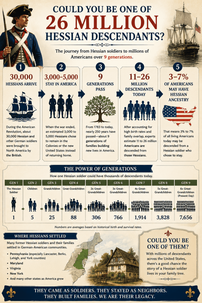 Infographic titled "Could You Be One of 26 Million Hessian Descendants?" showing how approximately 30,000 Hessian soldiers arrived during the American Revolution, 3,000–5,000 remained in America, nine generations passed, and an estimated 11–26 million Americans today may descend from those Hessian settlers. The graphic includes a generational family tree, settlement regions, and population estimates.