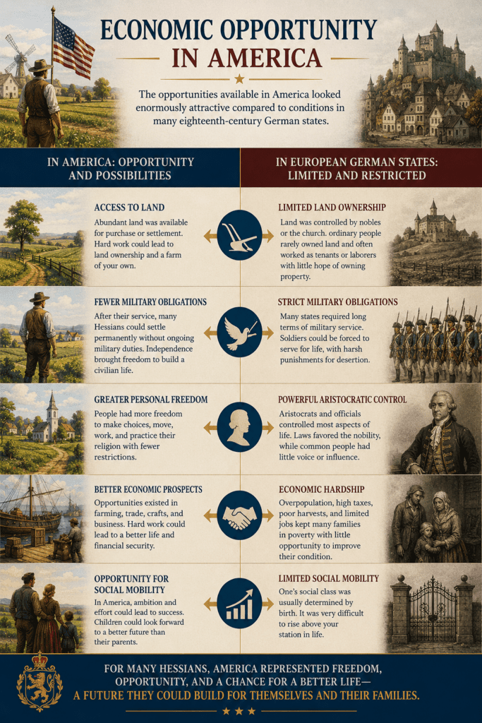 Historical infographic comparing economic opportunities in Revolutionary-era America with conditions in eighteenth-century German states. The infographic contrasts American farmland, freedom, and opportunity against aristocratic control, military obligations, economic hardship, and limited social mobility in Europe, explaining why many Hessian soldiers chose to remain in America after the Revolutionary War.