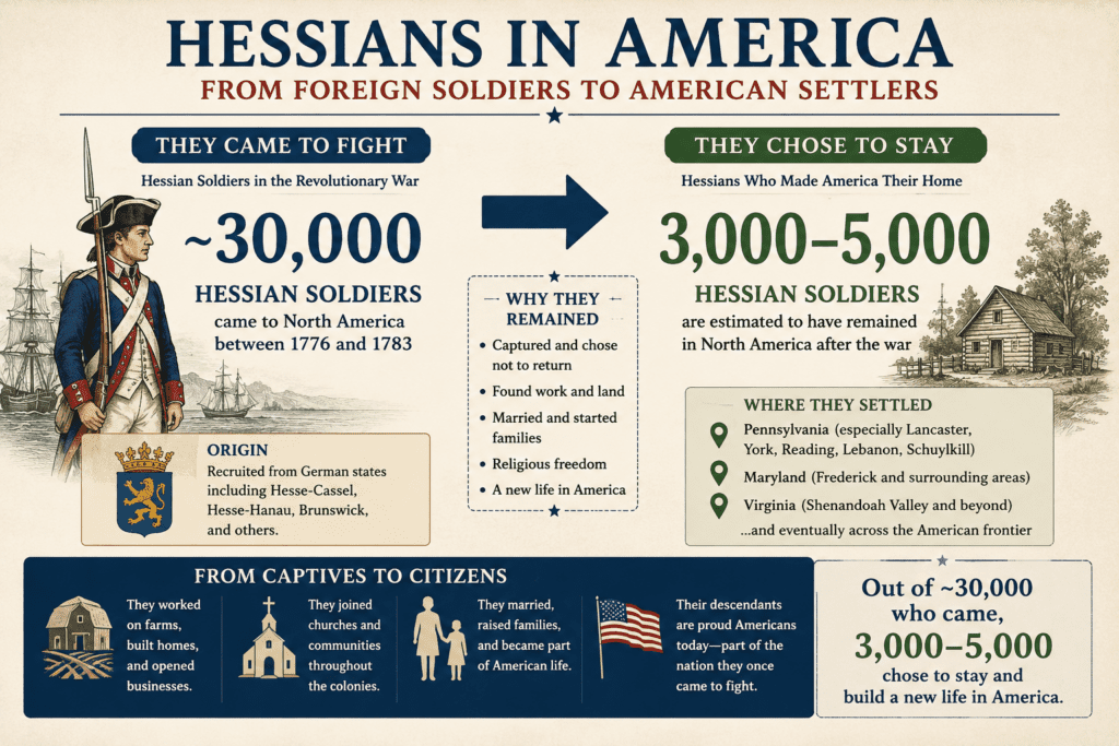 Historical infographic illustrating how many Hessian soldiers came to North America during the American Revolution and how many remained after the war. The graphic shows that approximately 30,000 German auxiliary troops served in British forces between 1776 and 1783, while an estimated 3,000 to 5,000 chose to remain in America, settling primarily in Pennsylvania, Maryland, Virginia, and the western frontier.