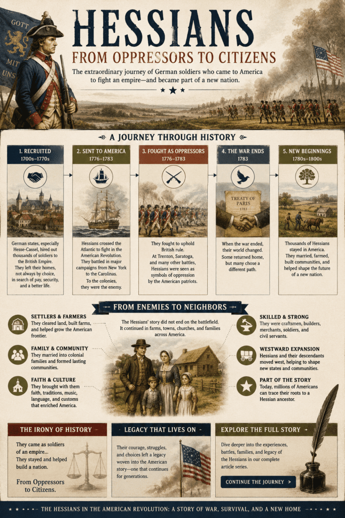 Historical infographic titled “Hessians: From Oppressors to Citizens” showing the transformation of German soldiers hired by Britain during the American Revolution into settlers and citizens in the United States. The infographic includes a Revolutionary War timeline, Hessian soldiers, colonial battle scenes, frontier families, westward expansion, and German-American cultural influence.