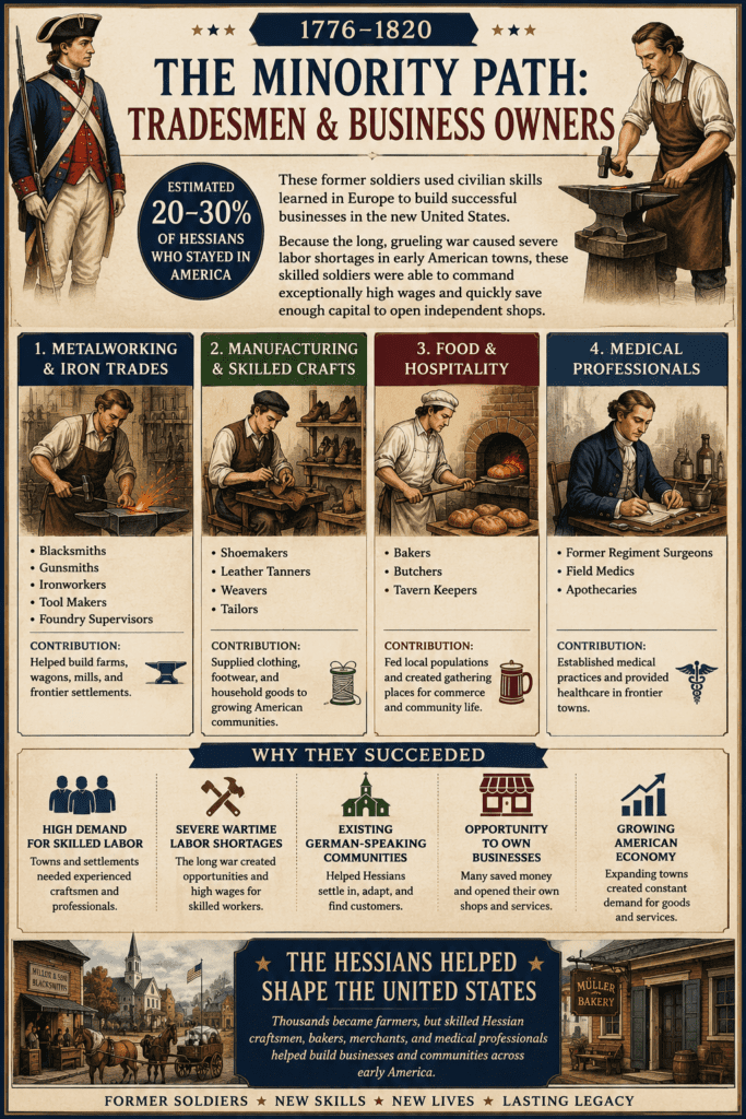 Historical infographic illustrating how approximately 20–30 percent of Hessian soldiers who remained in America after the Revolutionary War became tradesmen and business owners, including blacksmiths, ironworkers, shoemakers, tailors, bakers, tavern keepers, surgeons, and apothecaries who contributed to the growth of early American communities.