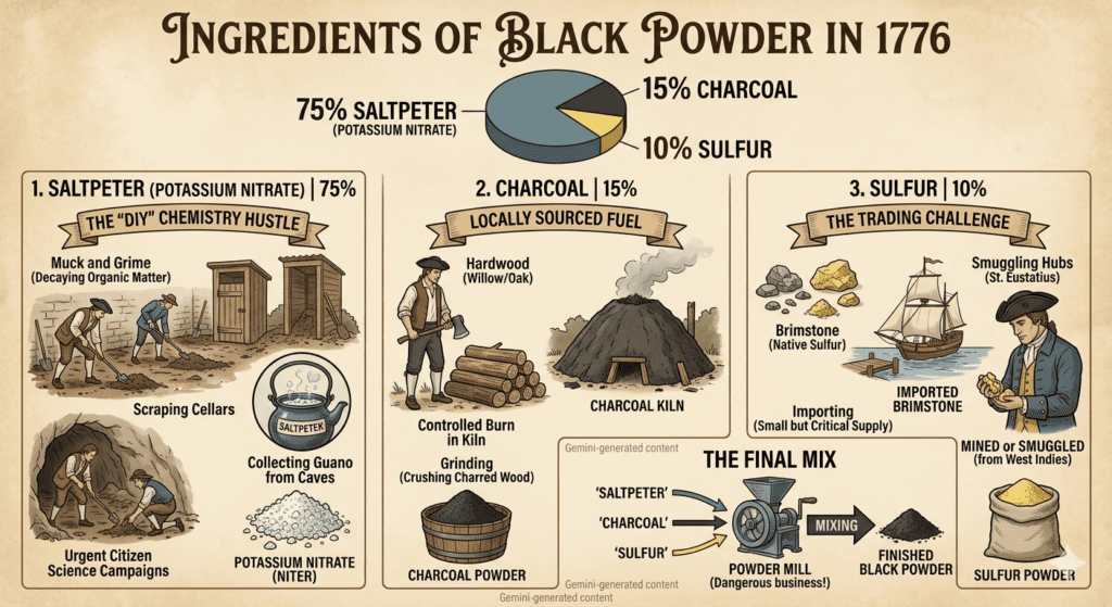 Alt Text
An infographic titled "Ingredients of Black Powder in 1776." At the top, a pie chart breaks down the composition: 75% Saltpeter (Potassium Nitrate), 15% Charcoal, and 10% Sulfur. The graphic is divided into three main sections detailing how each ingredient was sourced. Section 1, "Saltpeter," is labeled "The 'DIY' Chemistry Hustle" and illustrates colonists scraping cellars and collecting bat guano from caves to gather potassium nitrate. Section 2, "Charcoal," is labeled "Locally Sourced Fuel" and shows a colonist chopping hardwood, burning it in a charcoal kiln, and grinding it into powder. Section 3, "Sulfur," is labeled "The Trading Challenge" and depicts raw brimstone and a ship importing the mineral from smuggling hubs like St. Eustatius. A final section at the bottom, titled "The Final Mix," shows the three refined powders being combined in a powder mill—noted as a "Dangerous business!"—to produce finished black powder.