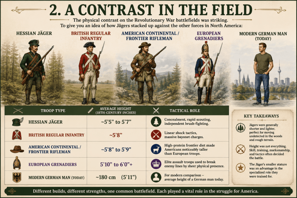 Historical infographic comparing the height, appearance, and battlefield roles of Hessian Jägers, British regular infantry, American Continental and frontier riflemen, European grenadiers, and a modern German man. The illustration shows Revolutionary War soldiers in uniform with rifles and equipment alongside a comparison chart detailing average heights and military functions.