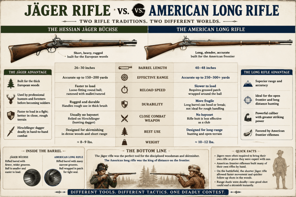 Historical infographic comparing the Hessian Jäger Büchse rifle and the American long rifle during the American Revolution, showing barrel length, effective range, reload speed, durability, combat use, and battlefield tactics with illustrated rifles and Revolutionary War soldiers.