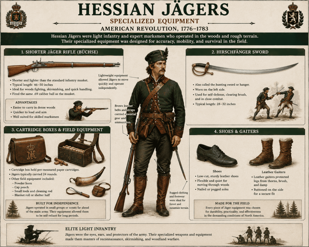 Detailed historical infographic showing specialized Hessian Jäger equipment during the American Revolution, including a shorter Jäger rifle, Hirschfänger hunting sword, cartridge boxes, powder horn, leather field gear, shoes, gaiters, and a fully equipped Hessian Jäger soldier in a green woodland uniform.